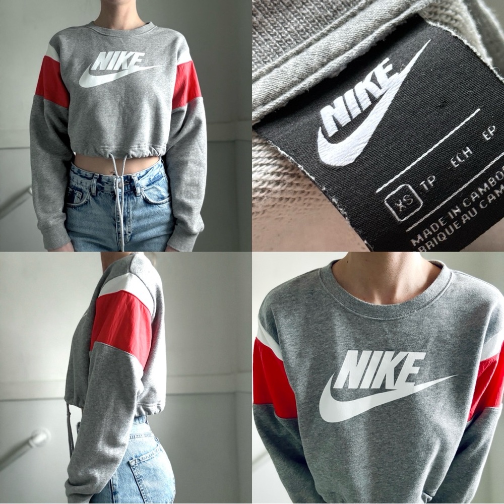 Nike Cropped Sweatshirt w/ Drawstring Hem – Grey & Red | Size XS